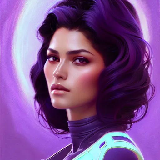 Image similar to Portrait of very very very very very very beautiful Latina woman, spacesuit, purple eyes, intricate, elegant, highly detailed, digital painting, artstation, concept art, smooth, sharp focus, illustration, art by artgerm and greg rutkowski and alphonse mucha