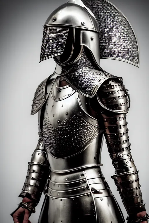 Image similar to medieval female knight, armor design by louis vuitton in collaboration with versace, no helmet, symmetrical, cinematic, elegant, demonic atmosphere, professional studio light, real dlsr photography, sharp focus, 4 k, ultra hd, sense of awe