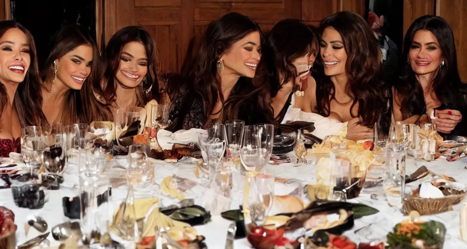 Image similar to candid group photo of sofia vergara and salma hayek and penelope cruz and catherine zeta jones and eva mendes, sitting around a long table at a dinner, laughing