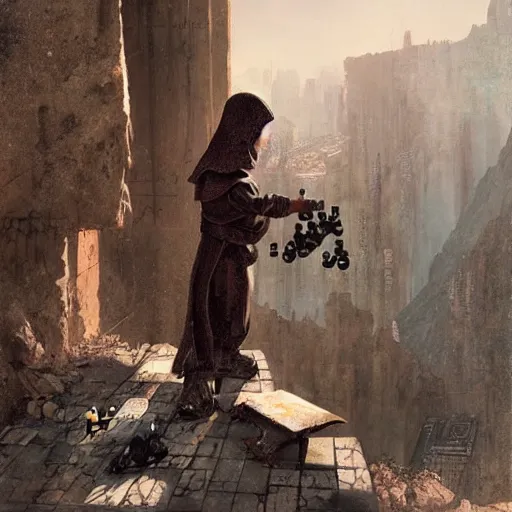 Prompt: cyberpunk baby playing chess at the top of a cliff monastery monks greg rutkowski