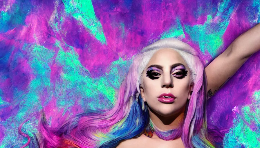 Image similar to lady gaga with long white hair holding a peace sign, an album cover by Hedi Xandt, featured on deviantart, holography, smokey background, matte background, seapunk High resolution. Highly detailed. Dramatic. 8k.4k.