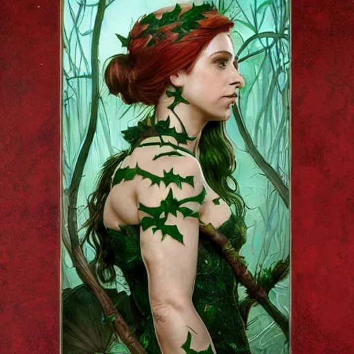 Prompt: a stunningly detailed tarot card of a beautiful alison hannigan dressed as poison ivy with white skin and with hair pulled up in a ponytail, dark eyeliner, intricate, elegant, highly detailed, digital painting, artstation, concept art, sharp focus, illustration, art by greg rutkowski and alphonse mucha