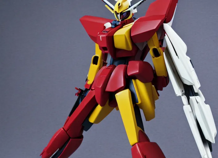 Prompt: Photo, Nikon, eBay, A Gundam plastic model straddles a red rocket.