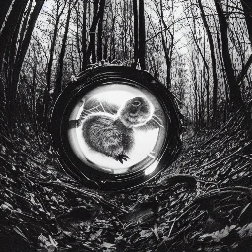 Prompt: fish eye footage of a death rabbit with human face in the forest, black and white night