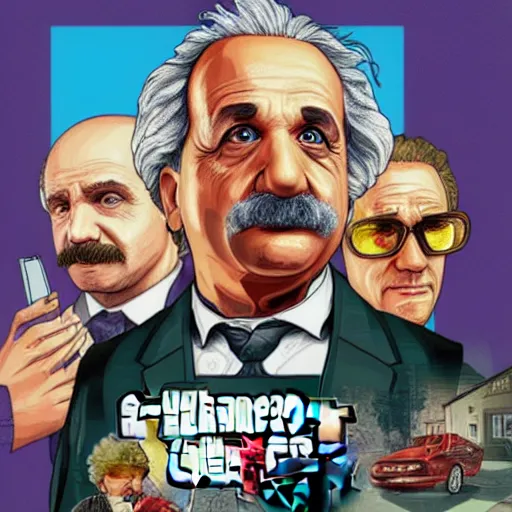 Image similar to illustration gta 5 artwork of albert einstein, in the style of gta 5 loading screen, by stephen bliss