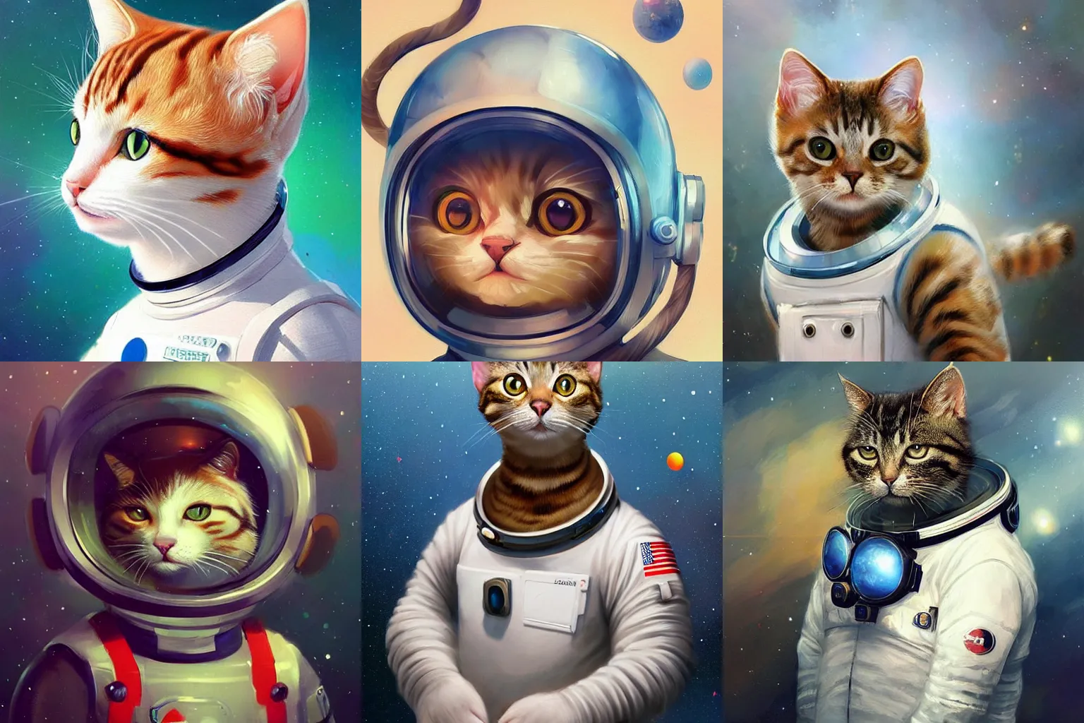 Image similar to head and shoulders masterpiece portrait of a cute adorable cat wearing a spacesuit, surreal background, digital art by Krenz Cushart, trending on artstation, cgsociety,