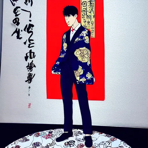 Prompt: kento nanami wearing a suit made by versace painted in ultra realistic futuristic ukiyo e style