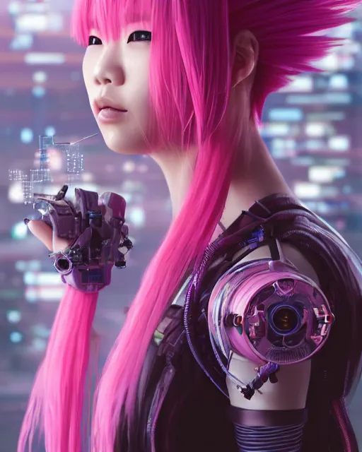 Image similar to portrait of a beautiful japanese woman with pink hair as a cyberpunk cyborg half robot, revealing wires and electronics, hooked - up, sci - fi, missing panels, intricate abstract upper body intricate artwork, concept art, octane render, deviantart, cinematic, key art, hyperrealism, iridescent accents, portrait photograph, nikon 3 5 mm, photograph by greg rutkowski