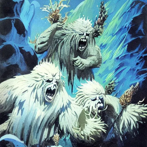 Prompt: yetis hurling flaming pinecones on an underground glacier, dark, blue ice, snow, frank frazetta