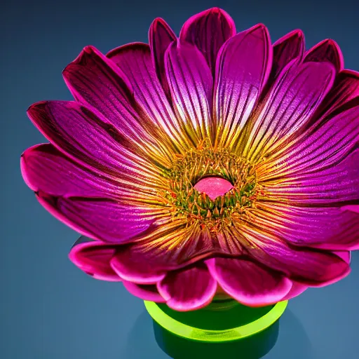 Image similar to An ultra high definition studio photograph of an alien flower in a simple vase on a plinth. The flower is multicoloured iridescent. High contrast, key light, 70mm.