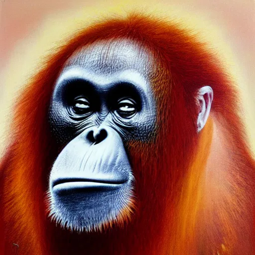 Image similar to orangutan 7 0 s progressive rock album cover, oil painting