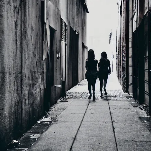 Prompt: photo of a woman walking through an alley in the middle of the city