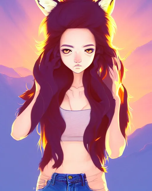 Image similar to fullbody portrait of wild half - fox woman with fox nose and ears, wearing summer jeans shorts and tshirt, anime art, concept art, detailed attractive face with fox nose and fox mouth, symmetrical, trending on pixiv, by lois van baarle by sung choi by john kirby artgerm style pascal blanche and magali villeneuve