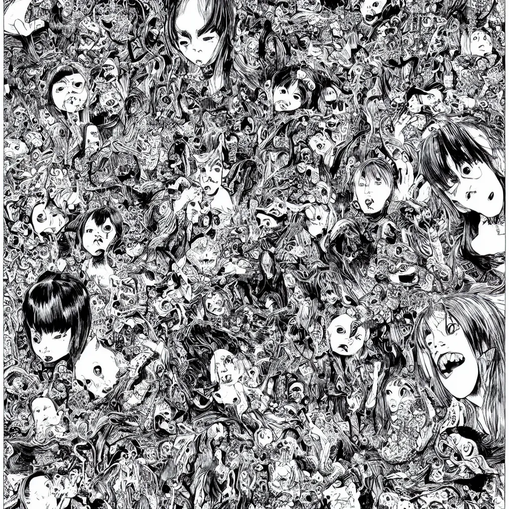 Image similar to horrors beyond comprehension, vile, grotesque, art by junji ito, yuki fujisawa, shintaro kago, intricate, black and white, highly detailed