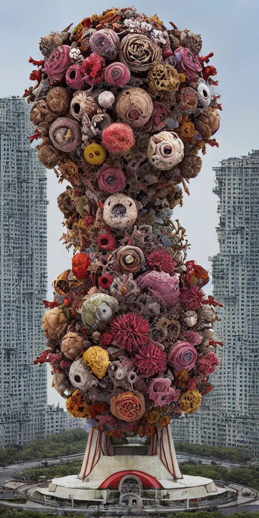 Image similar to colossal grotesque flower made from unfulfilled communist dreams in the middle of abandoned post soviet constructivist cityscape, Stalinist architecture, ultradetailed, Intricate by Hayao Miyazaki and Josan Gonzalez and Makoto Shinkai and Giuseppe Arcimboldo and Wes Anderson