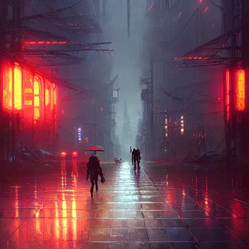 Image similar to an exhausted warrior wandering through a lost cyberpunk city from left to right, rainy day, radiant light, digital painting, art station, by les edwards, by greg rutkowski