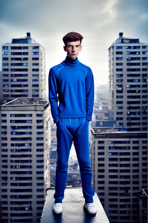 Image similar to un ultra high definition studio quality photographic art portrait of a young man standing on the rooftop of a british apartment building wearing soft padded silver pearlescent clothing. three point light. extremely detailed. golden ratio, ray tracing, volumetric light, shallow depth of field. set dressed.