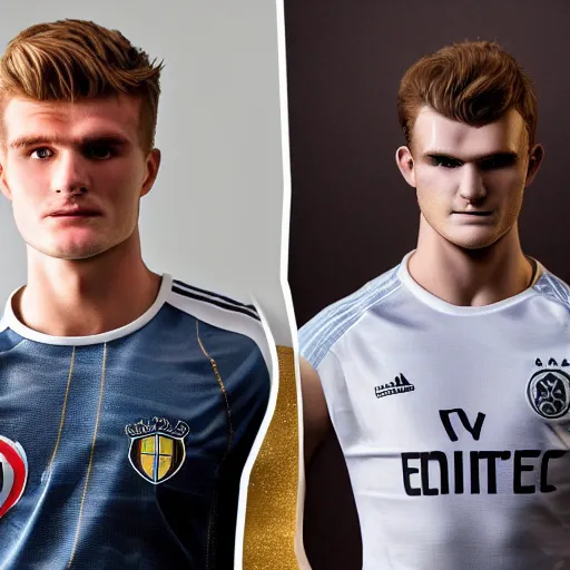 Image similar to a realistic detailed photo of a guy who is an attractive humanoid who is half robot and half humanoid, who is a male android, soccer players martin ødegaard & timo werner, shiny skin, posing like a statue, blank stare, in a living room, on display, showing off his muscles, gold soccer shorts, side view, repairing the other one