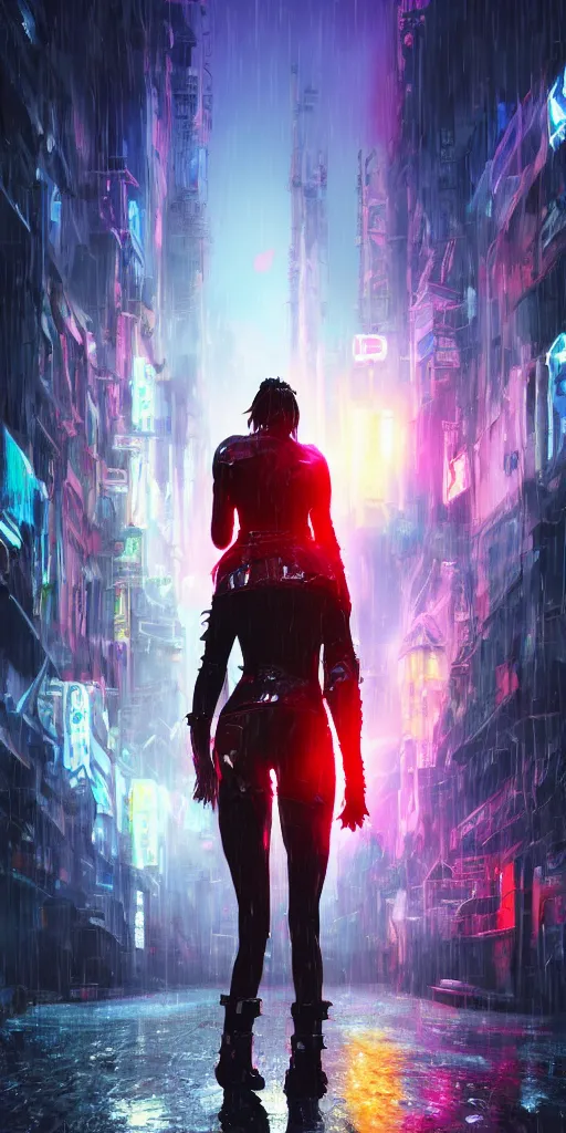 Image similar to back shot of one beautiful girl warrior in punk jacket gazing back into distance land, holding two swords that glows in neon red. standing on wet road, digital art by wlop. artstation contest winner, cinematic paint. lower shot. dramatic cloud and ruined city in background. blade runner