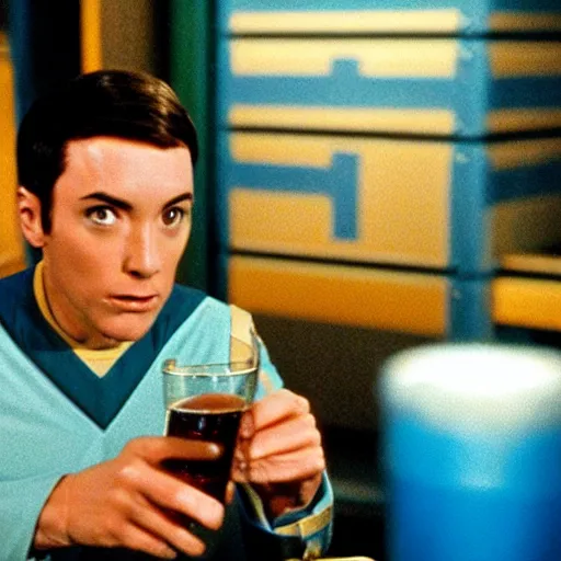 Image similar to acting ensign Wesley Crusher from the USS Enterprise drinking romulan ale in ten forward, set photo, candid, film grain