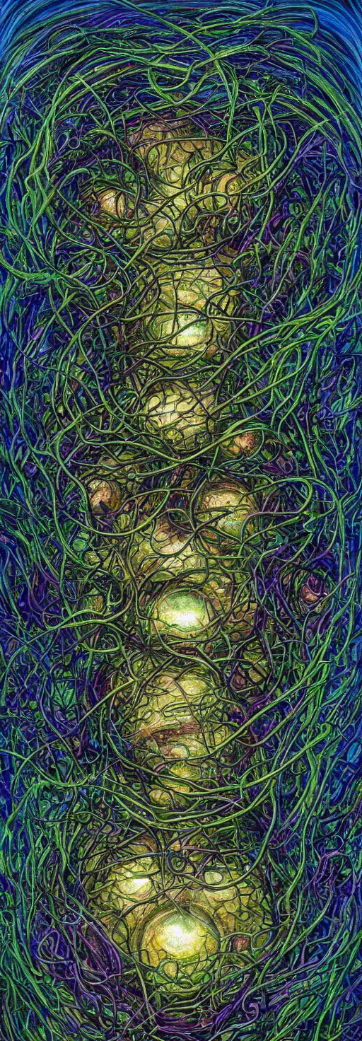 Image similar to many large beautiful eyeballs inside of extremely thick iridescent vines intertwined, central composition, high saturation, epic lighting, in the style of Peter gric and Amanda Sage 8k