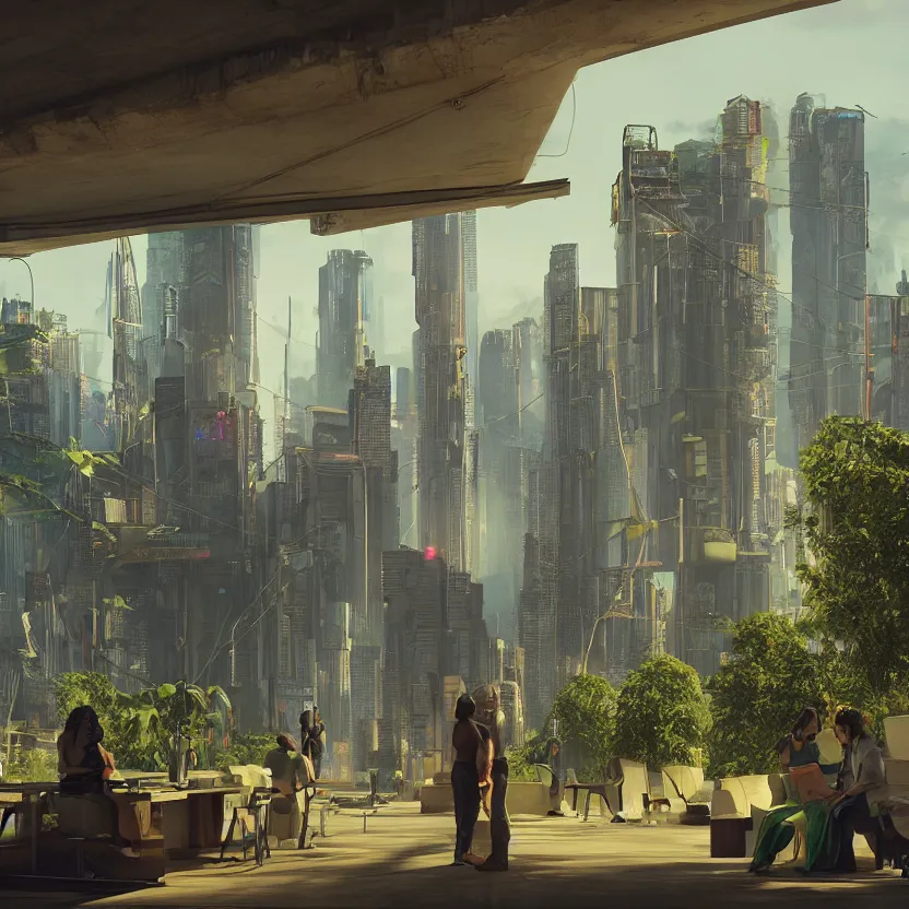 Image similar to a cinematic composition depicting : we're overlooking a cyberpunk civilization with overgrown buildings by santiago calatrava, where a solarpunk tribe is peacefully collaborating with their android helpers and bright green computer screens, octane render, hyperrealistic, at sunrise, by edward hopper