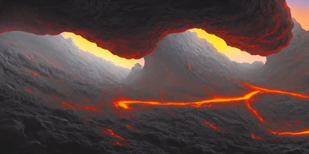 Prompt: a volcanic landscape lava mountain canyon on an alien world, matte painting, dynamic lighting, cel shading, trending on artstation