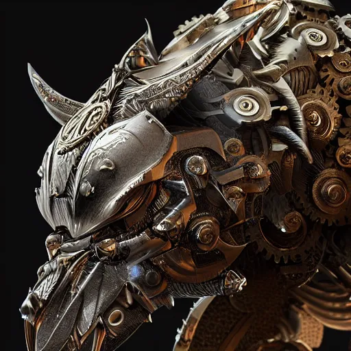 Image similar to A biomechanical ornate wolf made of engraved full plate armor and gears, Macro shot by Justin Gerard, unreal engine, physically based rendering