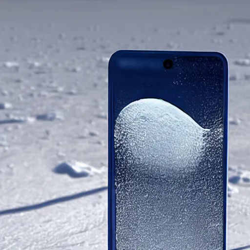 Prompt: a nokia phone, frozen in ice on the surface of the moon