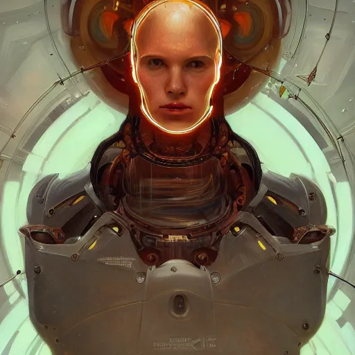 Prompt: portrait of a beautiful ginger male android, coy, circuitry visible in head, in the style of ex machina, karol bak, alphonse mucha, greg rutkowski, award winning, hr giger, artstation