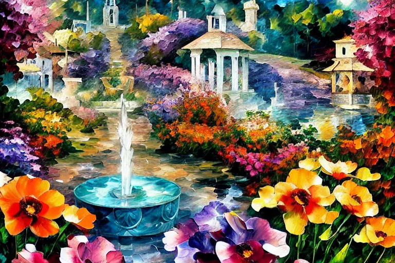 Image similar to flowers and fountains in valley village by arthur adams, charlie bowater, leonid afremov, chiho ashima, karol bak, david bates, tom chambers