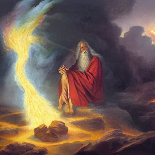 Prompt: A painting of Moses holding up the ten commandments with lightning, fire and pillars of smoke