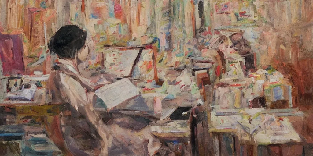 Image similar to Oil on canvas low angle of a Korean girl playing a recorder with her nose. Sitting at her computer desk. In the style of The Grand Budapest Hotel (2014)