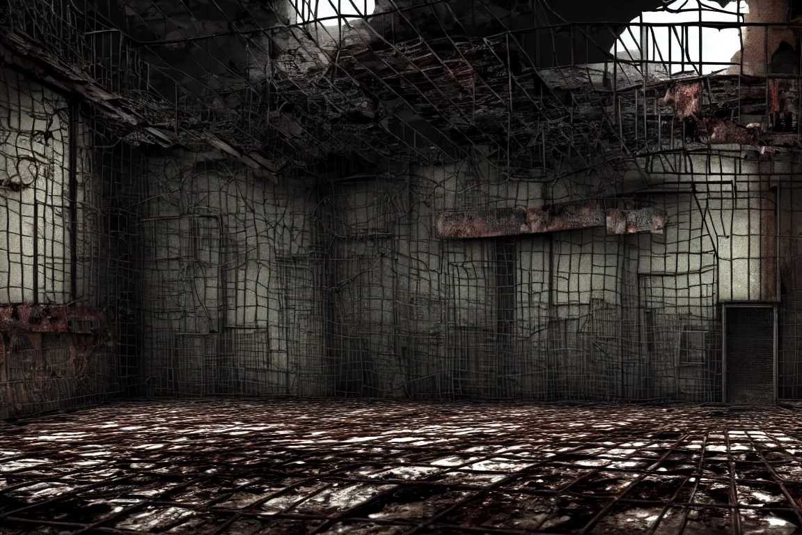 Image similar to Ugly human with long limbs sits on the floor. An underground very dark gloomy multi-layered structure of rusty thick iron grates, dense chain-link fencing and peeling walls. Inside view, collapsed floors, bent rusted iron, masterpiece, black background, corners, cinematic, hyperdetailed, photorealistic, hyperrealism, octane render, 8k, depth of field, bokeh, architecture, shadows, art by Zdzisław Beksiński, Arthur Rackham, Dariusz Zawadzki