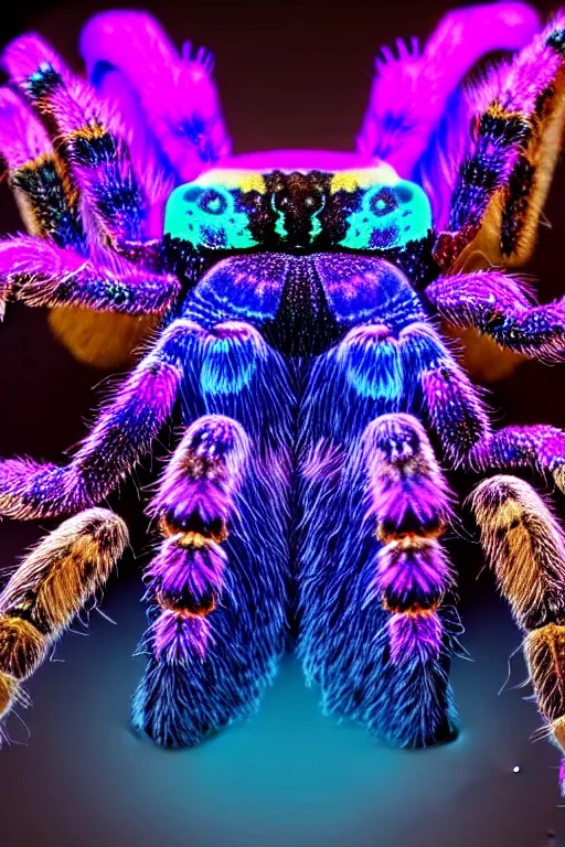 Image similar to high quality close-up photo gothic holographic tarantula! jewelled gorgeous! highly detailed david ligare elson peter cinematic purple neon lighting high quality low angle hd 8k sharp shallow depth of field