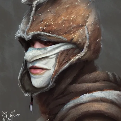 Image similar to a fantasy snow bandit from ‘ icewind dale ’ with mask, ‘ icewind dale 2 ’ profile portrait by ‘ justin sweet ’, falling snow, soft focus, illustrated, oil paint, artstation