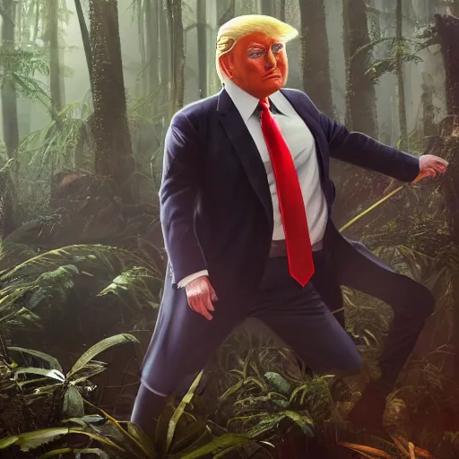 Prompt: handsome donald trump in amazon rainforest, dnd character, background focus, fantasy, magic, realistic textured skin, clear clean, by lya kushinov, avetetsuya studios, alexandra fomina artstation, by makoto shinkai, digital 2 d, matte painting