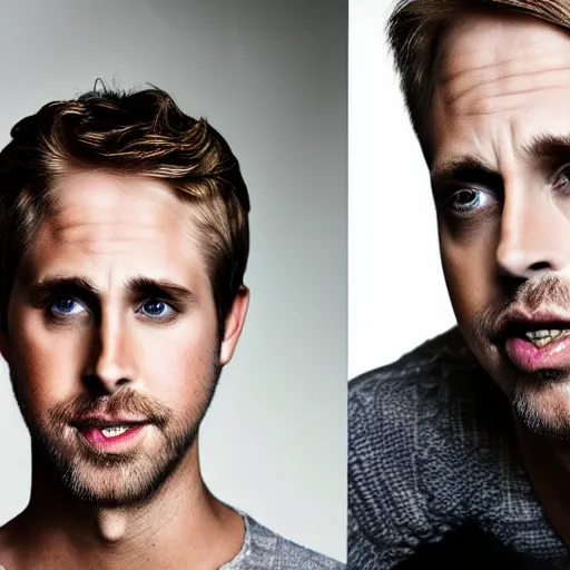Prompt: portrait of ryan goslin and steve buscemi hybrid by mario testino, headshot, detailed, award winning, sony a 7 r