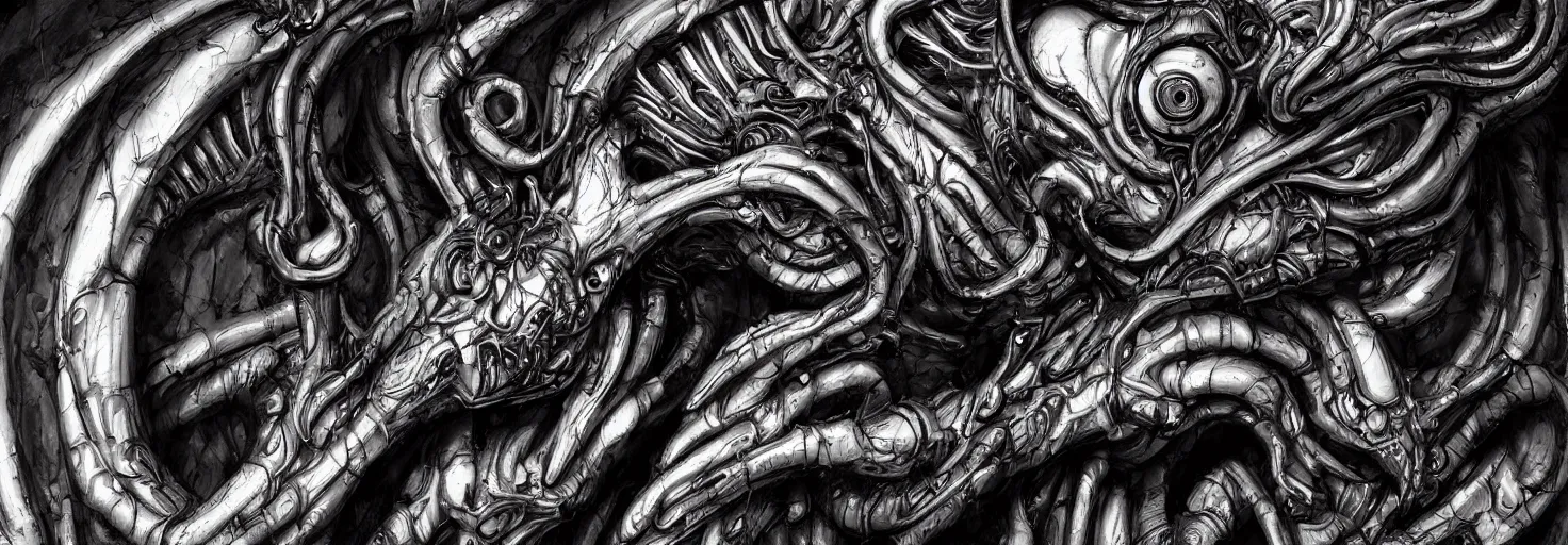 Image similar to engineer prometheus face by Artgerm, xenomorph alien, highly detailed, symmetrical long head, blood color, smooth marble surfaces, detailed ink illustration, raiden metal gear, cinematic smooth stone, deep aesthetic, concept art, post process, 4k, carved marble texture and silk cloth, latex skin, highly ornate intricate details, prometheus, evil, moody lighting, hr geiger, hayao miyazaki, indsutrial Steampunk