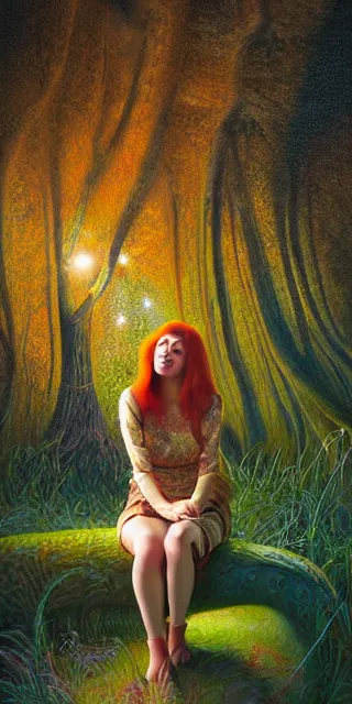 Image similar to infp young woman, smiling amazed, golden fireflies lights, sitting in the midst of nature fully covered, long loose red hair, intricate linework, bright accurate green eyes, small nose with freckles, oval shape face, realistic, expressive emotions, dramatic lights magical scene, hyper realistic ultrafine art by michael cheval, jessica rossier, boris vallejo