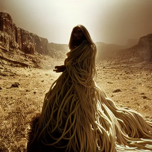 Image similar to 1 9 7 0's artistic spaghetti western movie, a woman in a giant billowy wide flowing waving dress made out of white smoke, standing inside a dark western rocky scenic landscape, volumetric lighting, backlit, moody, atmospheric