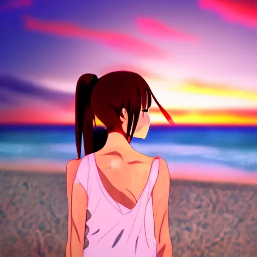 Prompt: anime girl looking at the sunset on the beach,