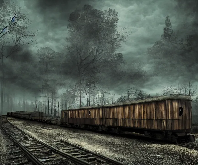 Image similar to magical ghost train, high res, photorealistic, dark atmosphere, gloomy tracks, bright lights, forestry