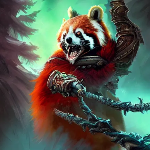 Prompt: red panda as lich king character, world of warcraft, digital illustration portrait design, by android jones and greg rutkowski, retrowave color scheme, detailed, cinematic lighting, wide angle action dynamic portrait