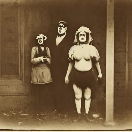 Image similar to portrait of side show clowns, photograph, style of atget, 1 9 1 0, creepy, dark