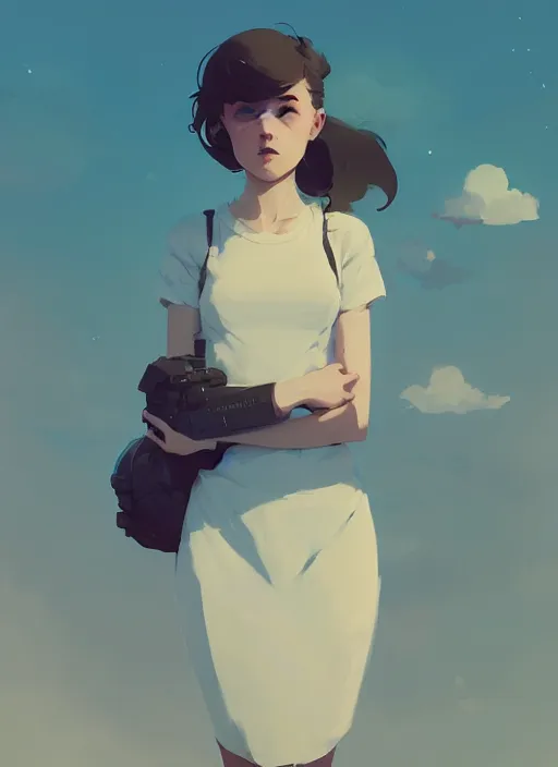 Prompt: portrait of cute girl, cloud sky background, by atey ghailan, by greg rutkowski, by greg tocchini, by james gilleard, by joe gb fenton, by kaethe butcher, dynamic lighting, gradient light blue, brown, blonde cream and white color in scheme, grunge aesthetic