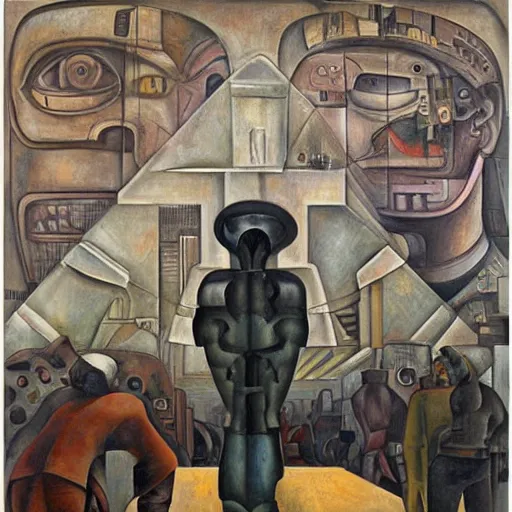 Image similar to cyborg at the crossroads, murales by diego rivera