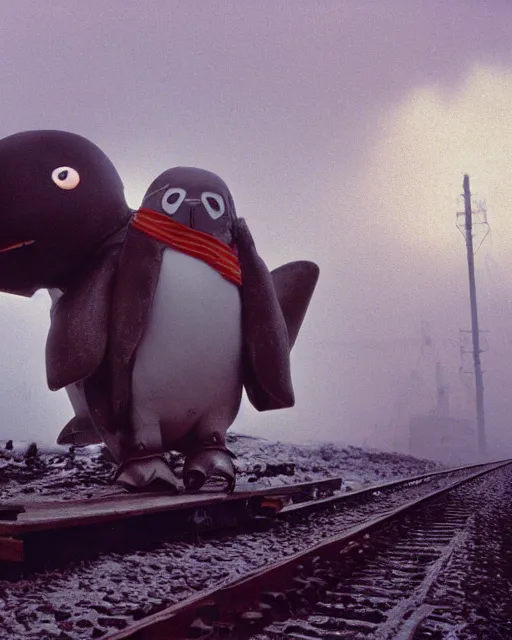 Image similar to giant oversized chubby bulky armored train penguin robot mech, with big penguin head , rocket launcher , on a village , Cinematic focus, fujicolor photo, vintage, neutral colors, soft lights, foggy, panorama by by Serov Valentin, by lisa yuskavage, by Andrei Tarkovsky