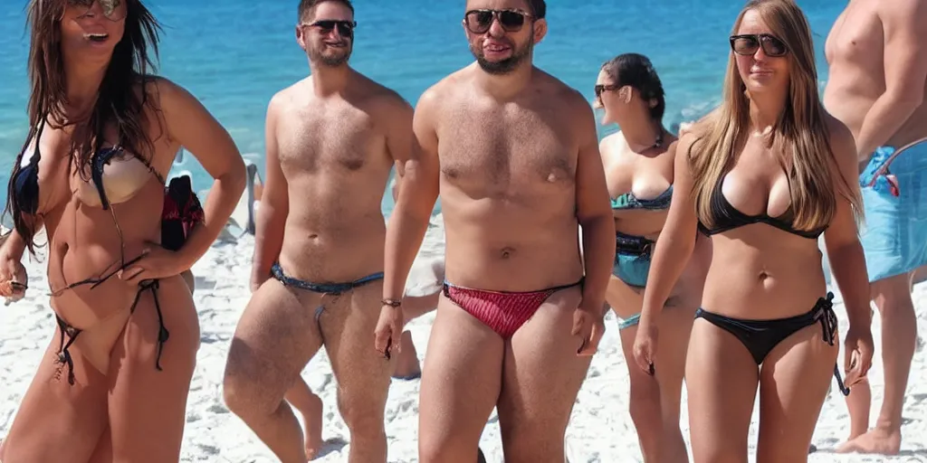 Image similar to photo of a 4 0 year old man that looks young for his age dating a very attractive 2 2 year old woman wearing a bikini. his wife is visibly upset in the background. lol