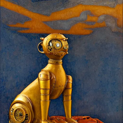 Image similar to ornate robot cat sculpture, by annie swynnerton and diego rivera and nicholas roerich and jean delville and janet fish, symbolist, dramatic lighting, god rays, art brut, rich colors, smooth, sharp focus, extremely detailed, adolf wolfli and ( donato giancola and bilibin )